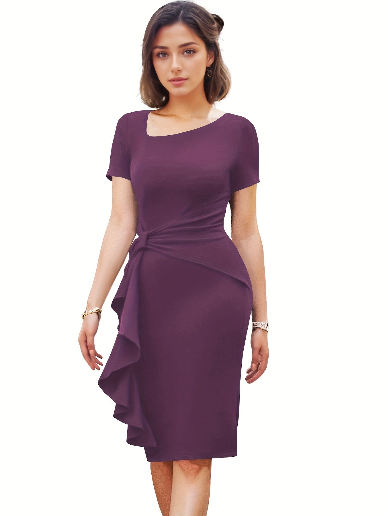 Women's Stretchy Bodycon Dress - Elegant Ruched Detailing & Asymmetrical Hem, Machine Washable Solid Color Party & Casual Dress for Spring Summer Fall, Casual Summer Dresses, Seasonal Fashion, Highelasticity Fabric