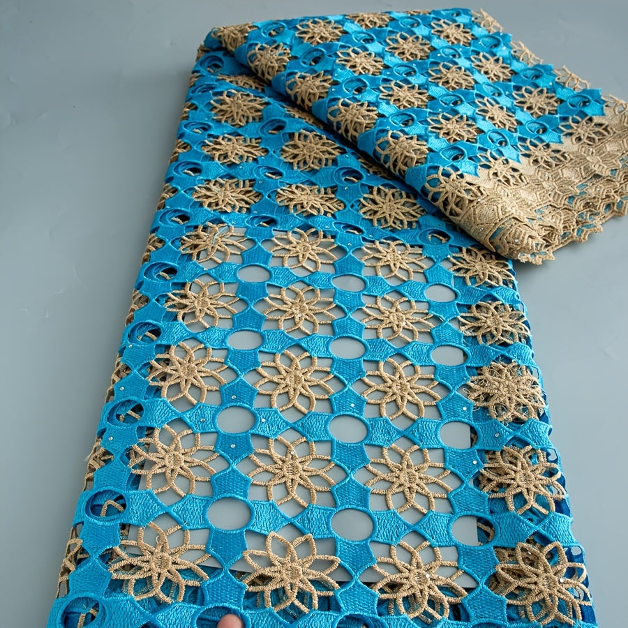 5 Yards/Piece African Nigerian Water-Solvable Guipure Lace Fabric with Rhinestone Embellishments - Pre-Cut Hand-Sewing Wedding Dress Making Supplies, Prom Party Dresses (Suitable for Women's Dresses)