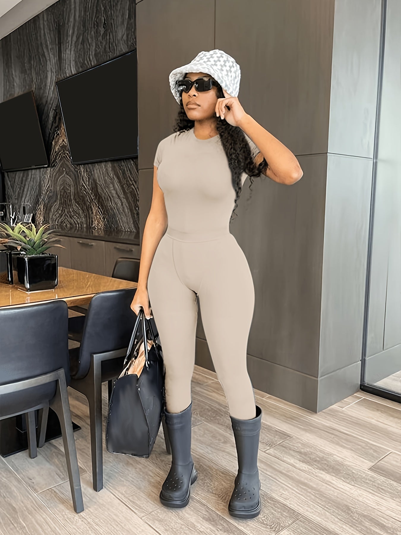 Casual Solid Two-piece Set, Crew Neck Short Sleeve Top & Skinny Pants Outfits, Women's Clothing