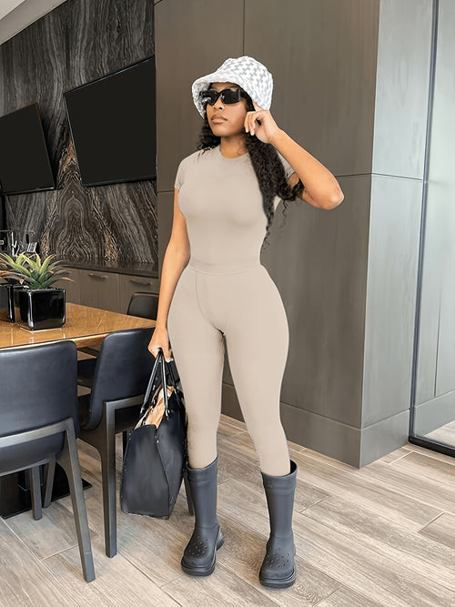 Casual Solid Two-piece Set, Crew Neck Short Sleeve Top & Skinny Pants Outfits, Women's Clothing