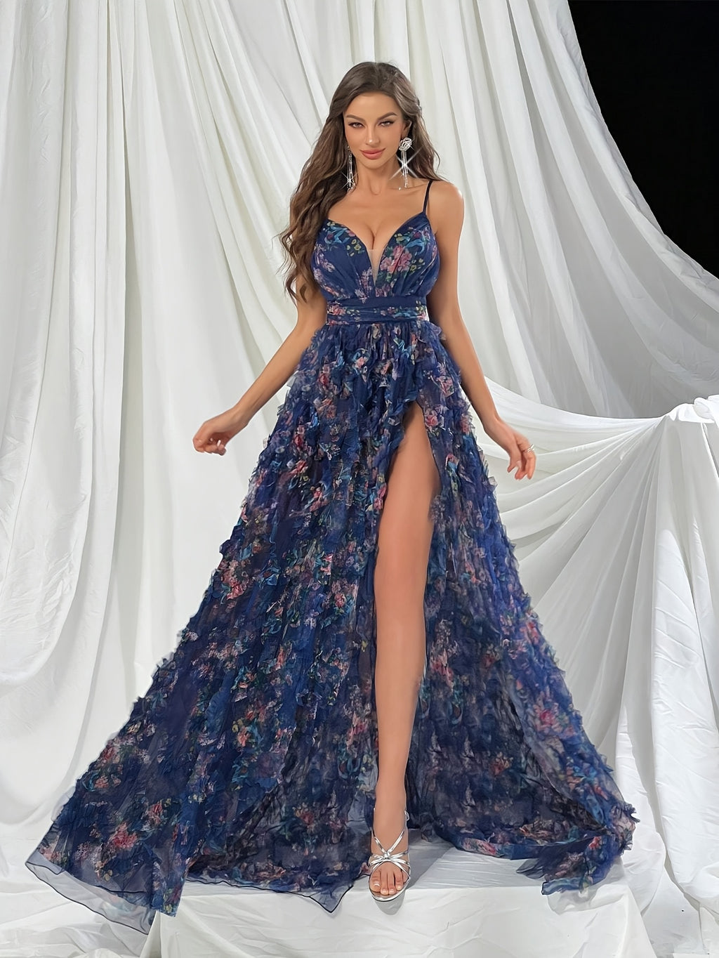Summer Chic] Elegant Women's Floral Print Ruffled Mesh Evening Gown with Side Slit Hem, Sleeveless Maxi Dress for Summer Parties & Formal Events, Deep Blue with Vibrant Floral Print Patterns, A-Line Silhouette, Polyester Fabr