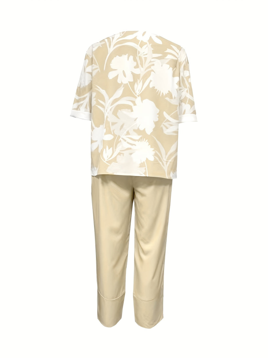 two-piece Women's Plant Print Top and Elastic Waist Pants Outfit - Comfortable and Stylish