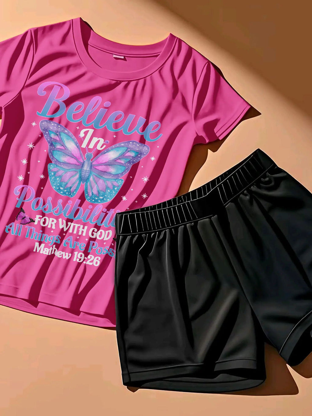 Women'S Plus Size 2pcs With God All Things Are Possible Butterfly Lover Bible Verse Top and Shorts Set, Black Casual Loose Short-Sleeved T-shirt Shorts, Summer Curve Jogger Sets Vacation Outfits for Women, Birthday Mother'S D