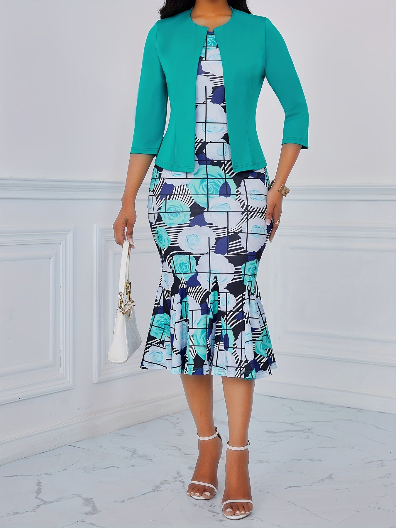 Elegant Spring Dress Set - Solid Color Open Front Outerwear & Floral Print Crew Neck Sleeveless Mermaid Dress Outfits - For Women - Perfect for Spring & Summer - Ideal Gift for Women