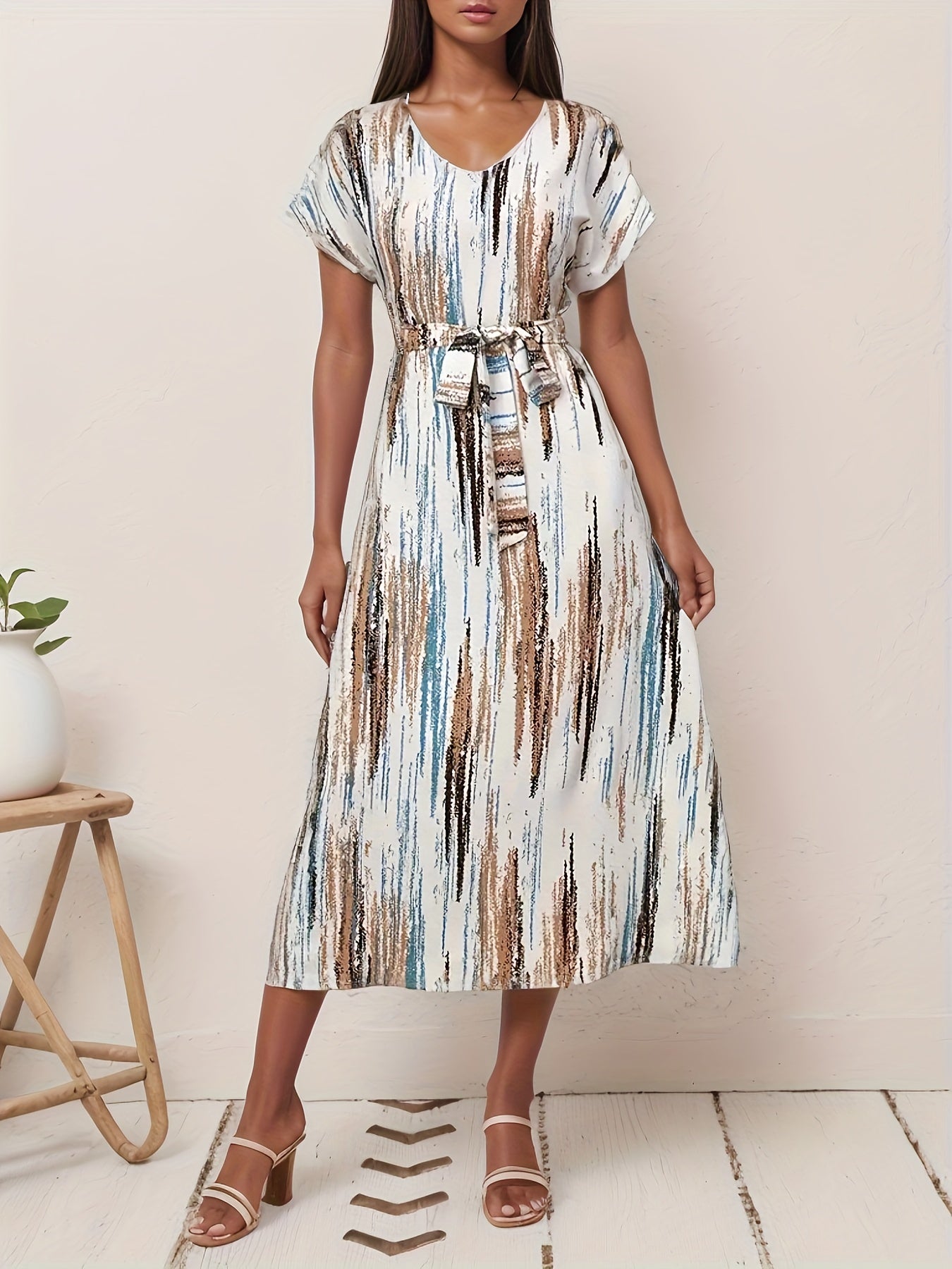 Vibrant Striped V-Neck A-Line Dress - Women's Spring & Summer Dresses with Short Sleeves, Belted Waist, and Vacation Style - Perfect for Outdoor Activities