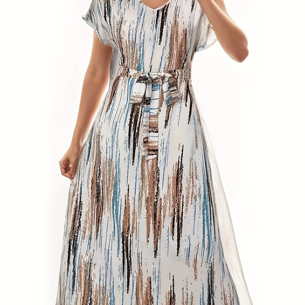 Vibrant Striped V-Neck A-Line Dress - Women's Spring & Summer Dresses with Short Sleeves, Belted Waist, and Vacation Style - Perfect for Outdoor Activities