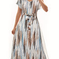 Vibrant Striped V-Neck A-Line Dress - Women's Spring & Summer Dresses with Short Sleeves, Belted Waist, and Vacation Style - Perfect for Outdoor Activities