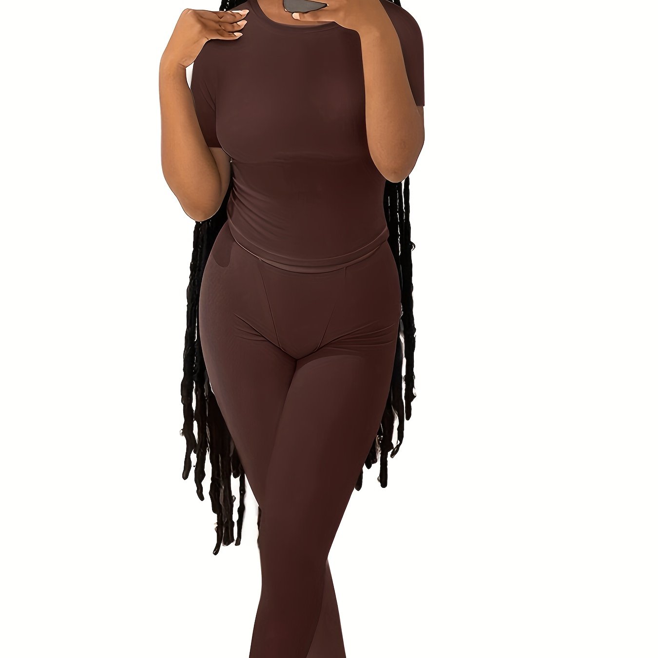 Casual Solid Two-piece Set, Crew Neck Short Sleeve Top & Skinny Pants Outfits, Women's Clothing