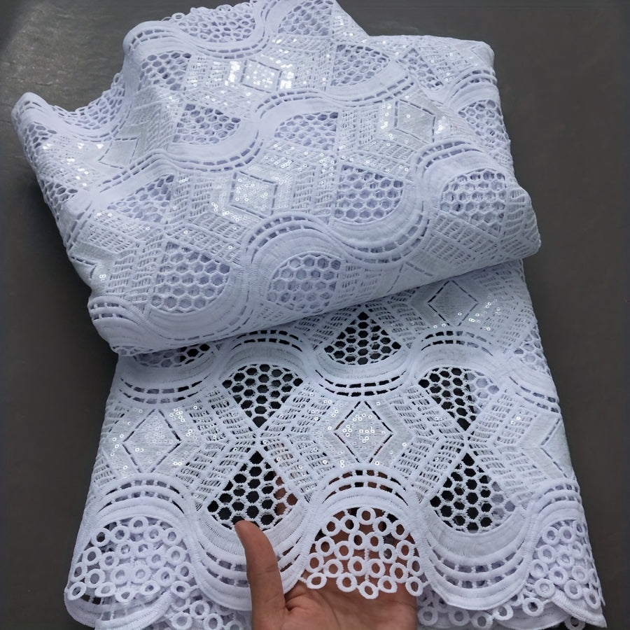 1pc 5 Yards White Guipure Cord Lace Fabric with Sequins - 100% Polyester French Water Soluble Lace, Floral Pattern Precut Fabric for Elegant Women's Dresses, Hand Wash Only, Wedding Attire | Sophisticated Style | Texture
