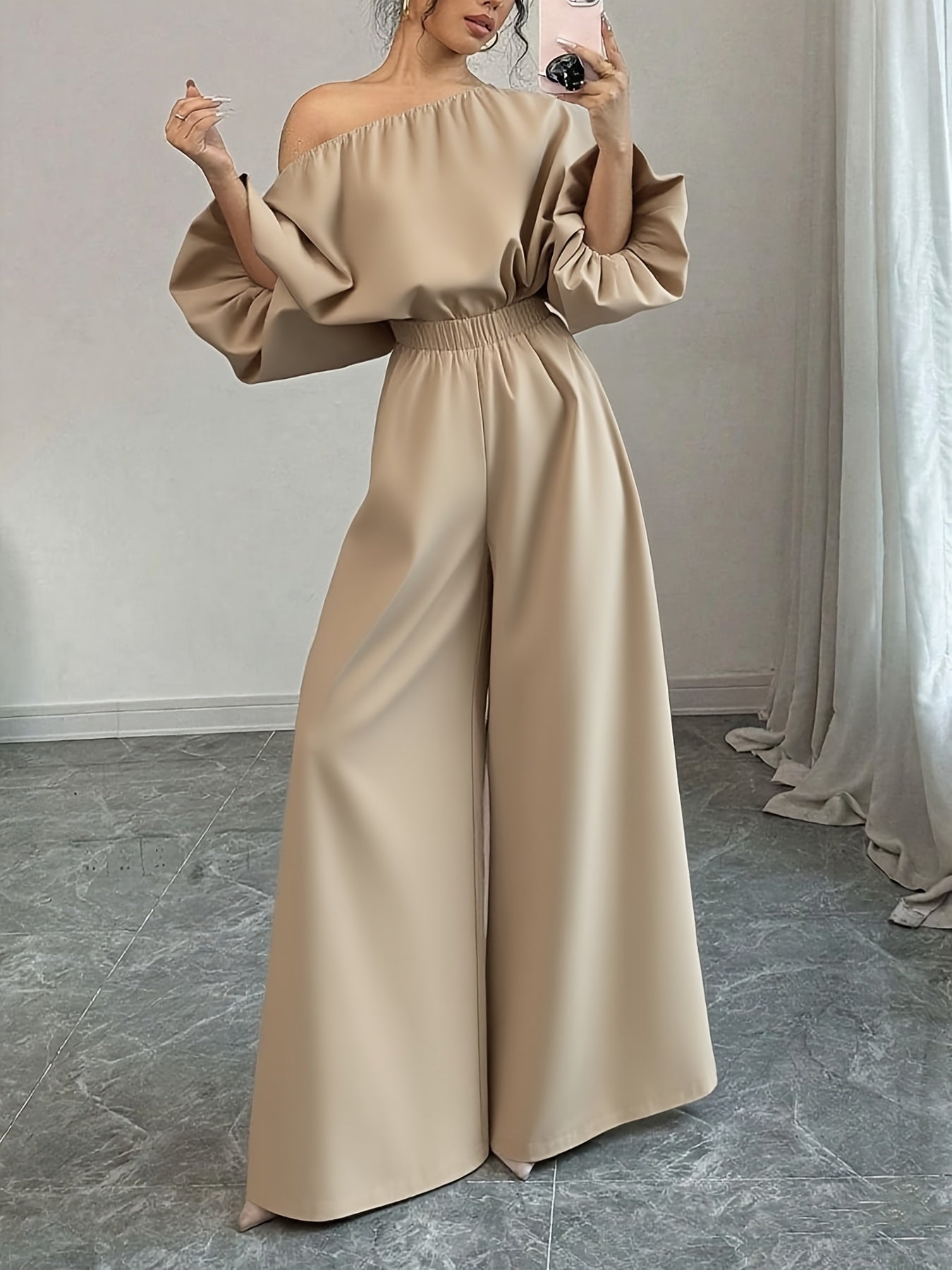 Women's Elegant Navy Blue Elegant Two-Piece Set - Structured One-Shoulder Bubble Sleeve Top & High-Waisted Wide-Leg Pants, Solid Color Winter Outfit with Puffed Sleeves, Machine Washable Formal & Everyday Winter Attire for Fa