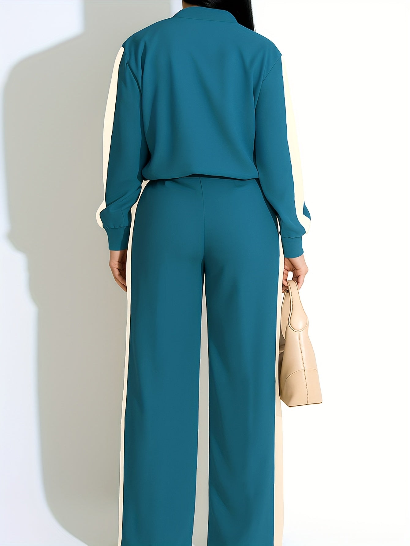 Women's Casual Two-Piece Set Zip-up Bomber Jacket & High-Waist Jogger Pants with Side Stripes, Trendy And Comfortable, Tracksuits Sets For Ladies, Track Suits Women Two Piece, Track Suits Sets For Women, Sweat Suits Women Two