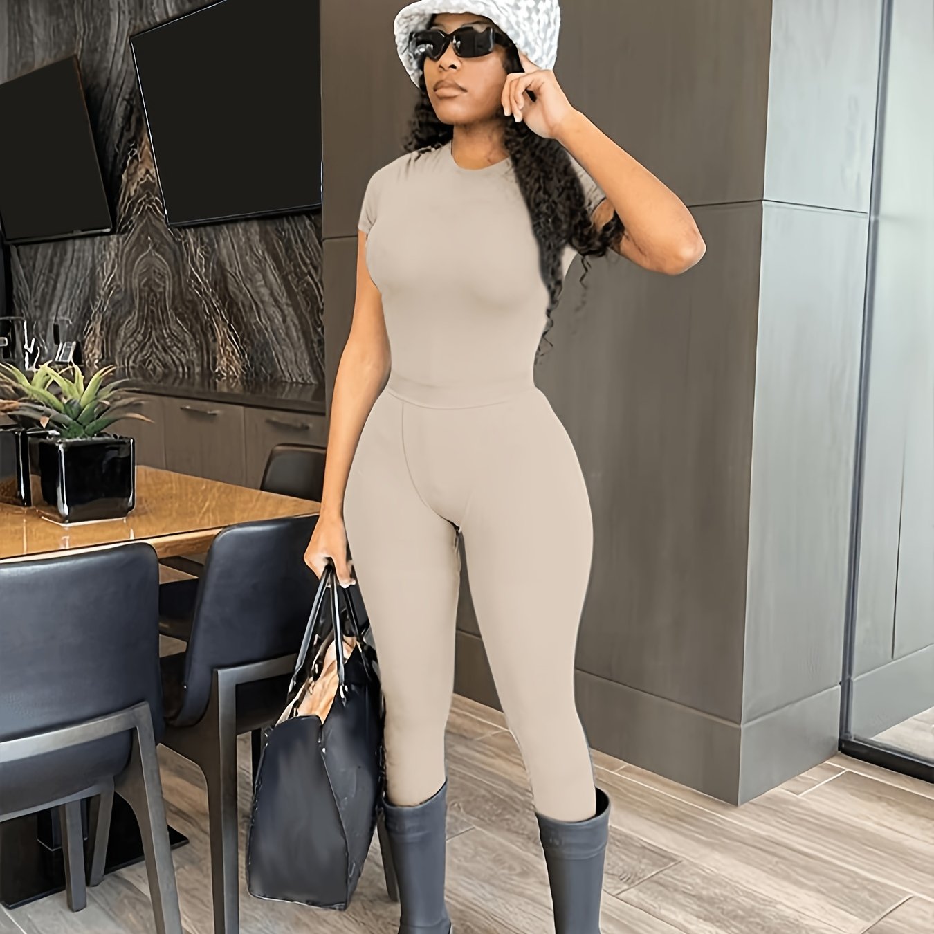 Casual Solid Two-piece Set, Crew Neck Short Sleeve Top & Skinny Pants Outfits, Women's Clothing