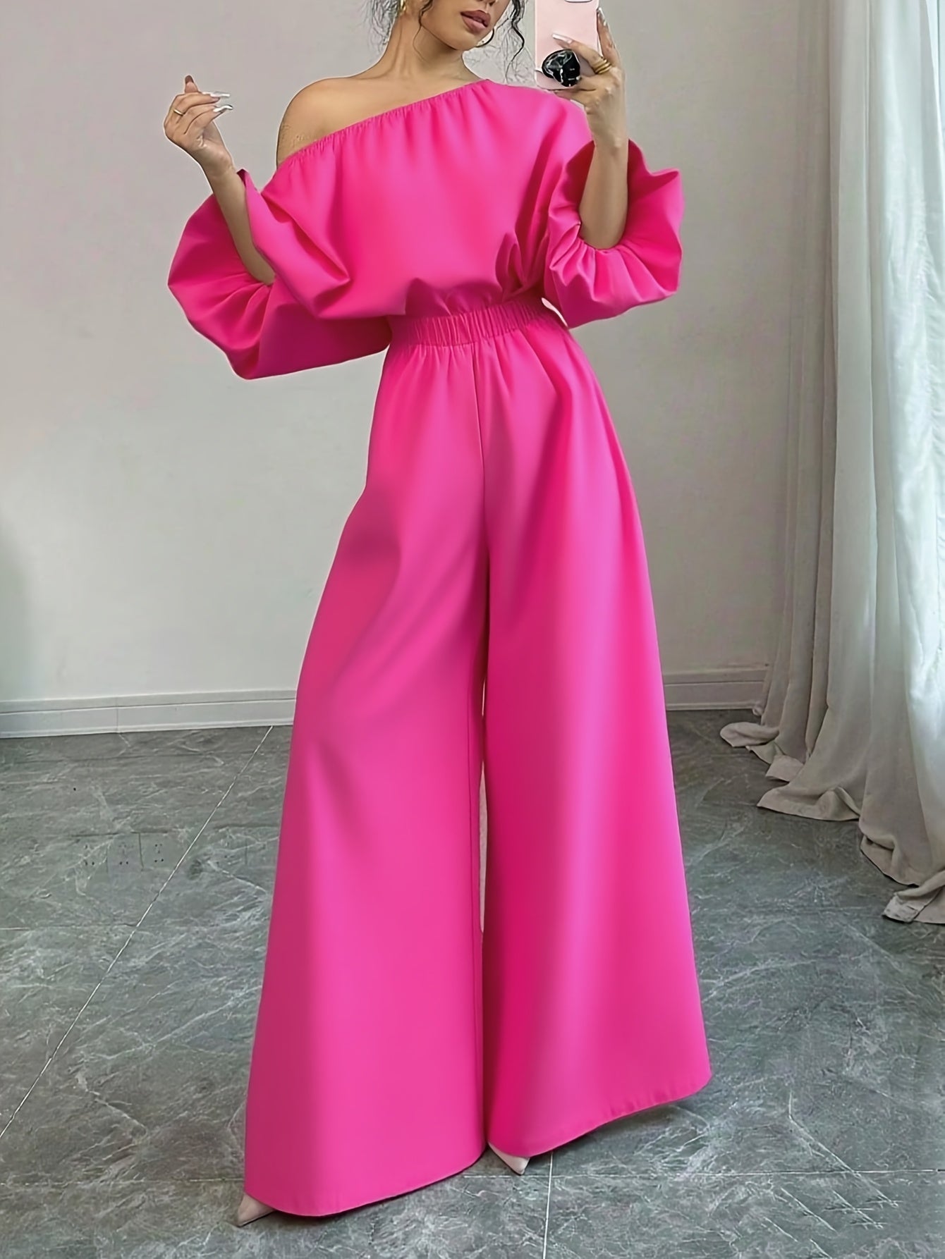 Women's Elegant Navy Blue Elegant Two-Piece Set - Structured One-Shoulder Bubble Sleeve Top & High-Waisted Wide-Leg Pants, Solid Color Winter Outfit with Puffed Sleeves, Machine Washable Formal & Everyday Winter Attire for Fa