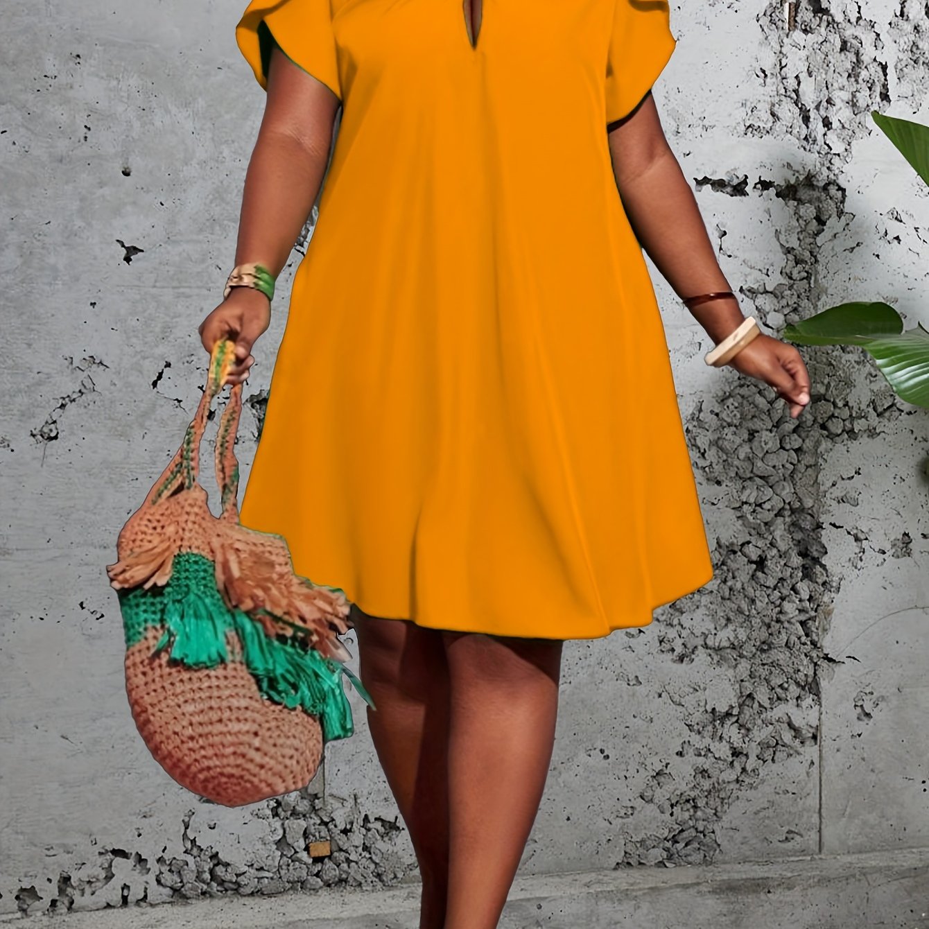 Stunning Plus Size Petal Sleeve Dress - Elegant Keyhole Knot Loose Fit Dresses for Spring & Summer - Women's Plus Size Clothing with Solid Color and Comfortable Wear