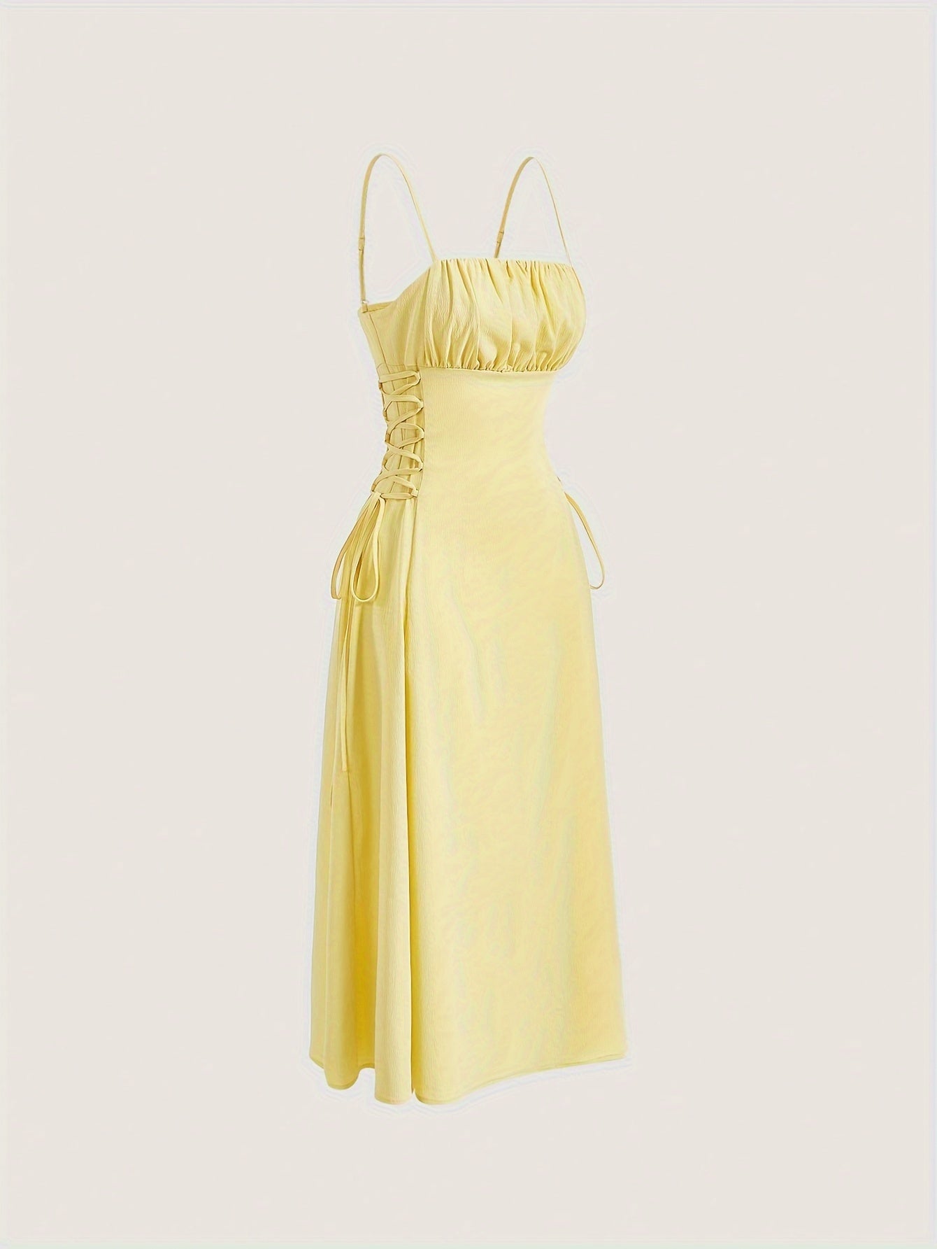 Ruched Lace Up Spaghetti Strap Cami Dress - Elegant Sleeveless Spring & Summer Dresses for Women - Comfortable, Bodycon, Floral Pattern, Mini Length, V-Neck, Backless Design