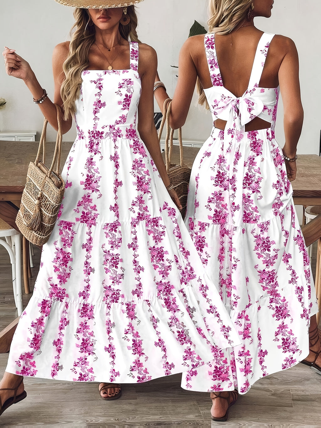 Women'S Floral Print Sleeveless A-Line Dress - Elegant Square Neck Summer Dress with Back Bow Detail, Blue & White Floral Print, Lightweight Breathable Fabric for Casual, Office & Vacation Wear, Casual Summer Dresses, Flowy F