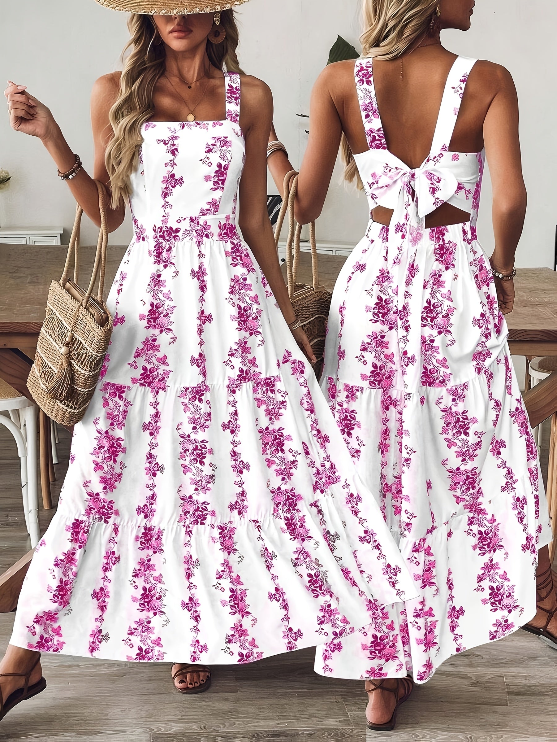 Women'S Floral Print Sleeveless A-Line Dress - Elegant Square Neck Summer Dress with Back Bow Detail, Blue & White Floral Print, Lightweight Breathable Fabric for Casual, Office & Vacation Wear, Casual Summer Dresses, Flowy F