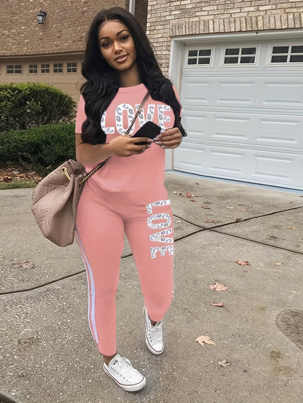 Casual Letter Print Two-piece Set, Short Sleeve T-shirt & Side Striped Pants Outfits - Women's Clothing -  Stylish & Comfortable - For Casual Wear - Perfect Gift for Fashionable Women