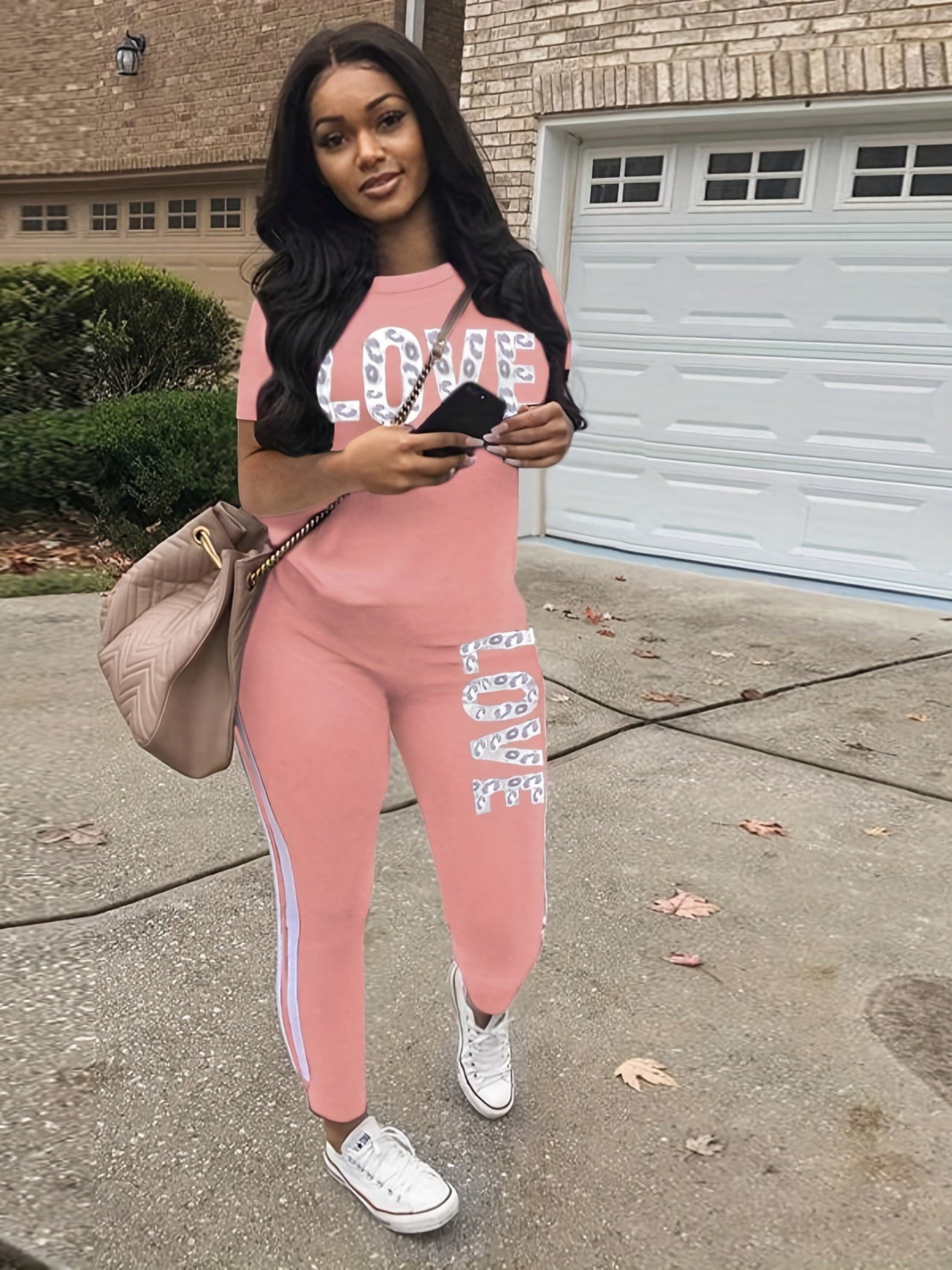 Casual Letter Print Two-piece Set, Short Sleeve T-shirt & Side Striped Pants Outfits - Women's Clothing -  Stylish & Comfortable - For Casual Wear - Perfect Gift for Fashionable Women