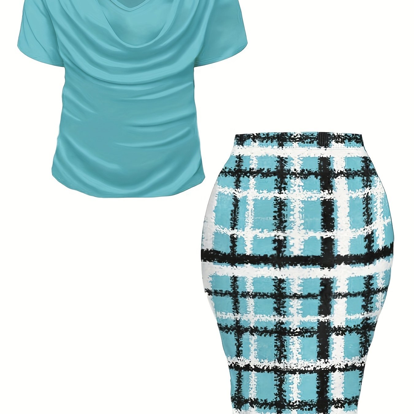 Women's Plus Size Plaid Print Two-piece Set, Cowl Neck Short Sleeve Top & Skirt Outfits -  For Women Size 14-24 - Casual & Stylish - Perfect for Fall/Winter - Great Gift for Fashionable Women