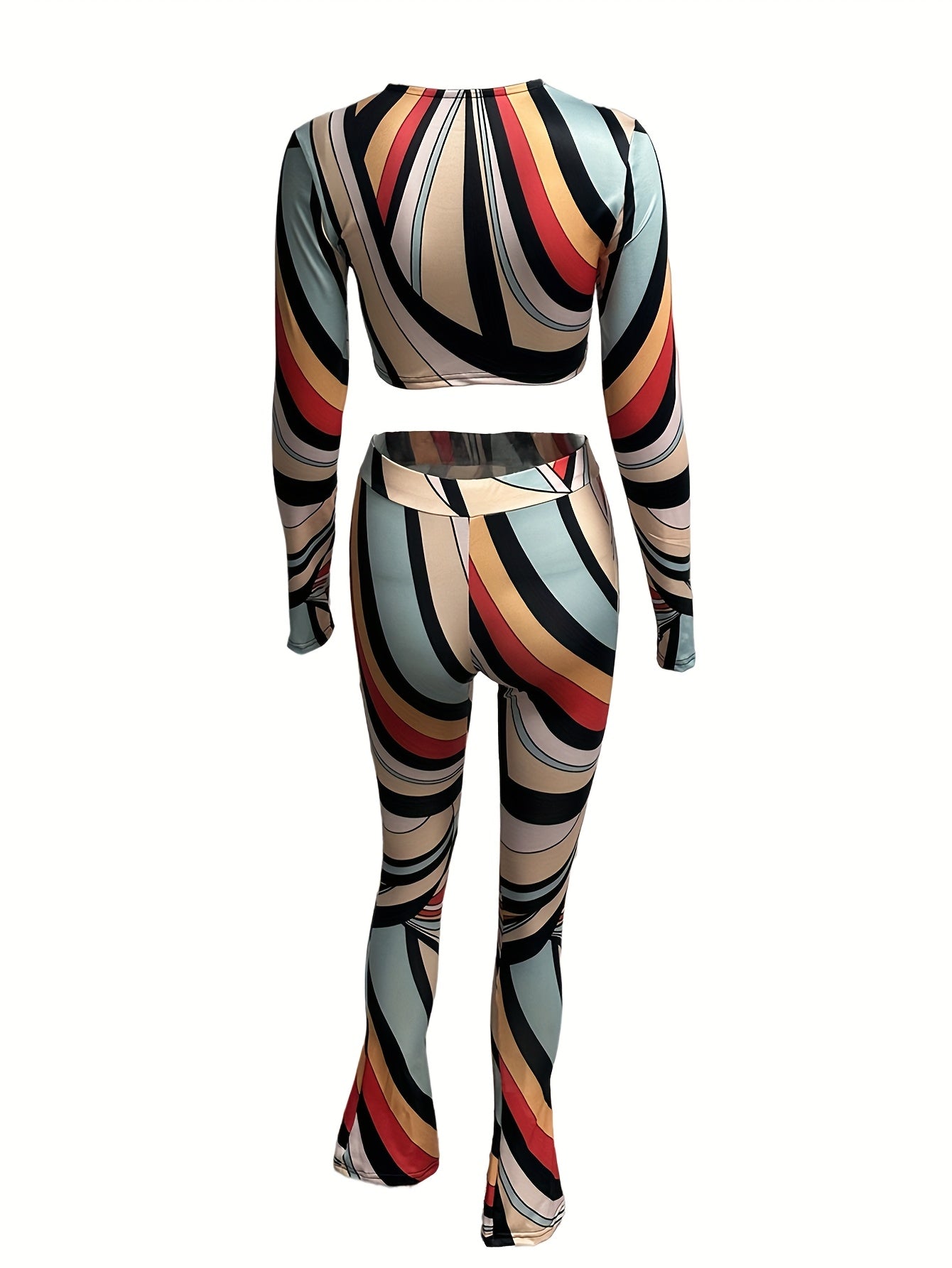 Colorful Summer Outfits for Women, Featuring a Street-Style Colorblock Suit Set with an O-Neck Long Sleeve Crop Top And Fitted Long Pants, Perfect for Casual Wear.