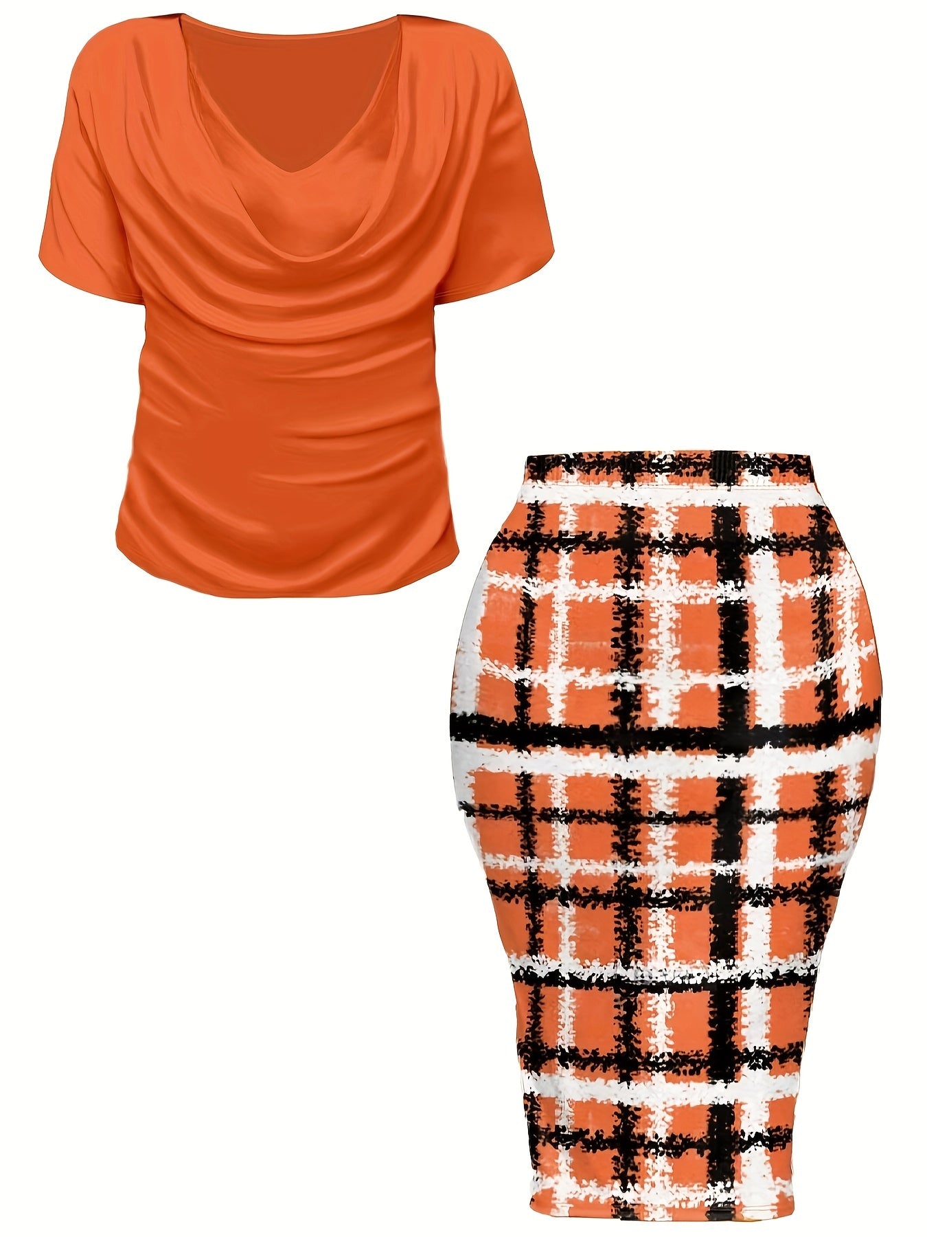 Women's Plus Size Plaid Print Two-piece Set, Cowl Neck Short Sleeve Top & Skirt Outfits -  For Women Size 14-24 - Casual & Stylish - Perfect for Fall/Winter - Great Gift for Fashionable Women