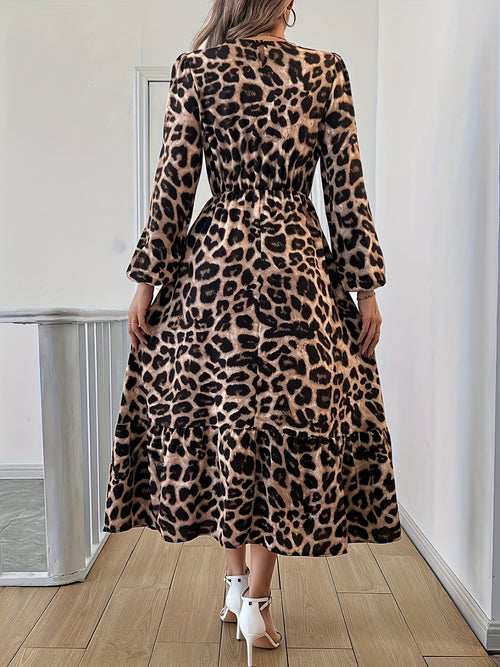 100% Polyester Leopard Print Crew Neck Long Sleeve Midi Dress for Women - A-Line Vacation Style Fall/Winter Dress