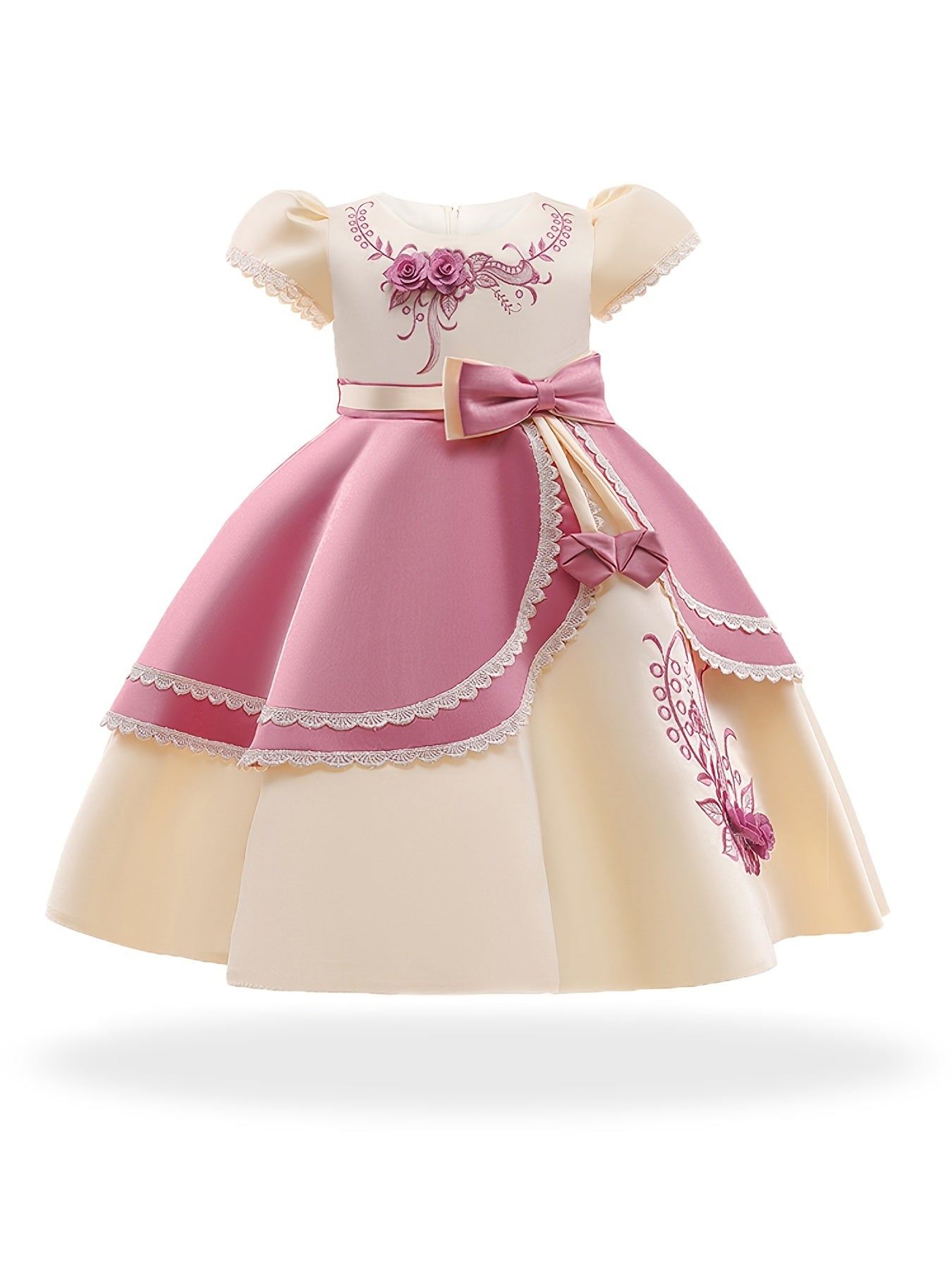 Girls Princess Dress Short Sleeve Embroidered Flower Bow Lace Dress Performance Dress Wedding Flower Girls For Evening Birthday Party Kids Clothes