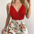Casual Two-piece Set For Spring & Summer, Surplice Neck Cami Top & Floral Print Belt Shorts Outfits, Women's Clothing