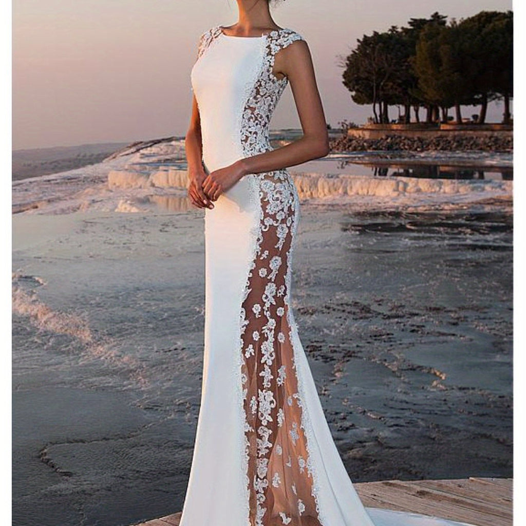 Elegant Women'S Evening Lace Splicing Hollow Extra Long Dresses Sleeveless Waisted Hip Trailing Wedding Evening Dating Vacation Essential Out Fantastic Women'S Dresses