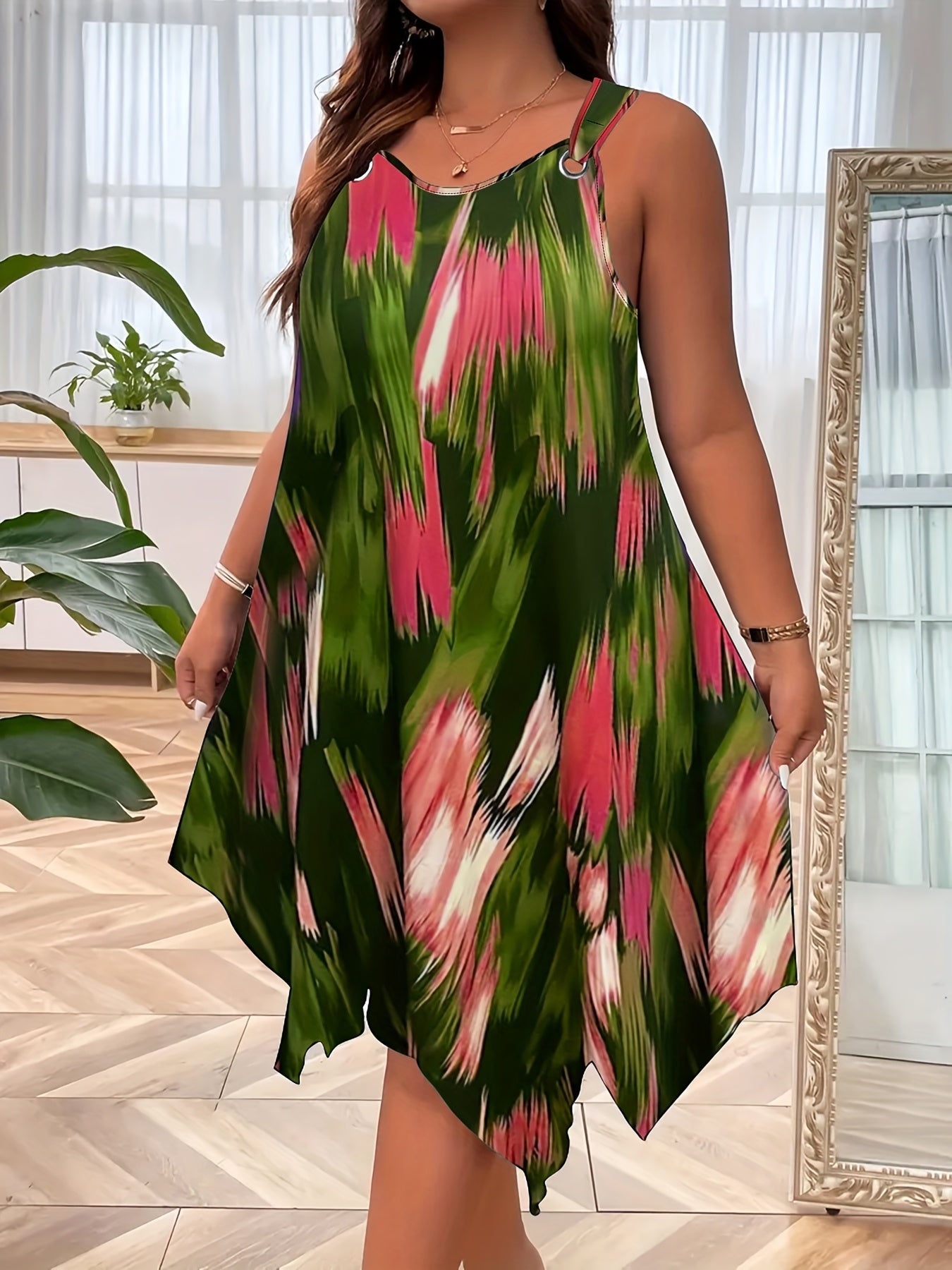 Plus Size Women's Elegant Sleeveless Summer Dress - Gradient Print with Pockets, Asymmetrical Hem & Round Neck, Machine Washable Casual to Semi-Formal Wear, Casual Summer Dresses, Lightweight Fashion, Round Neckline, Flowy Si