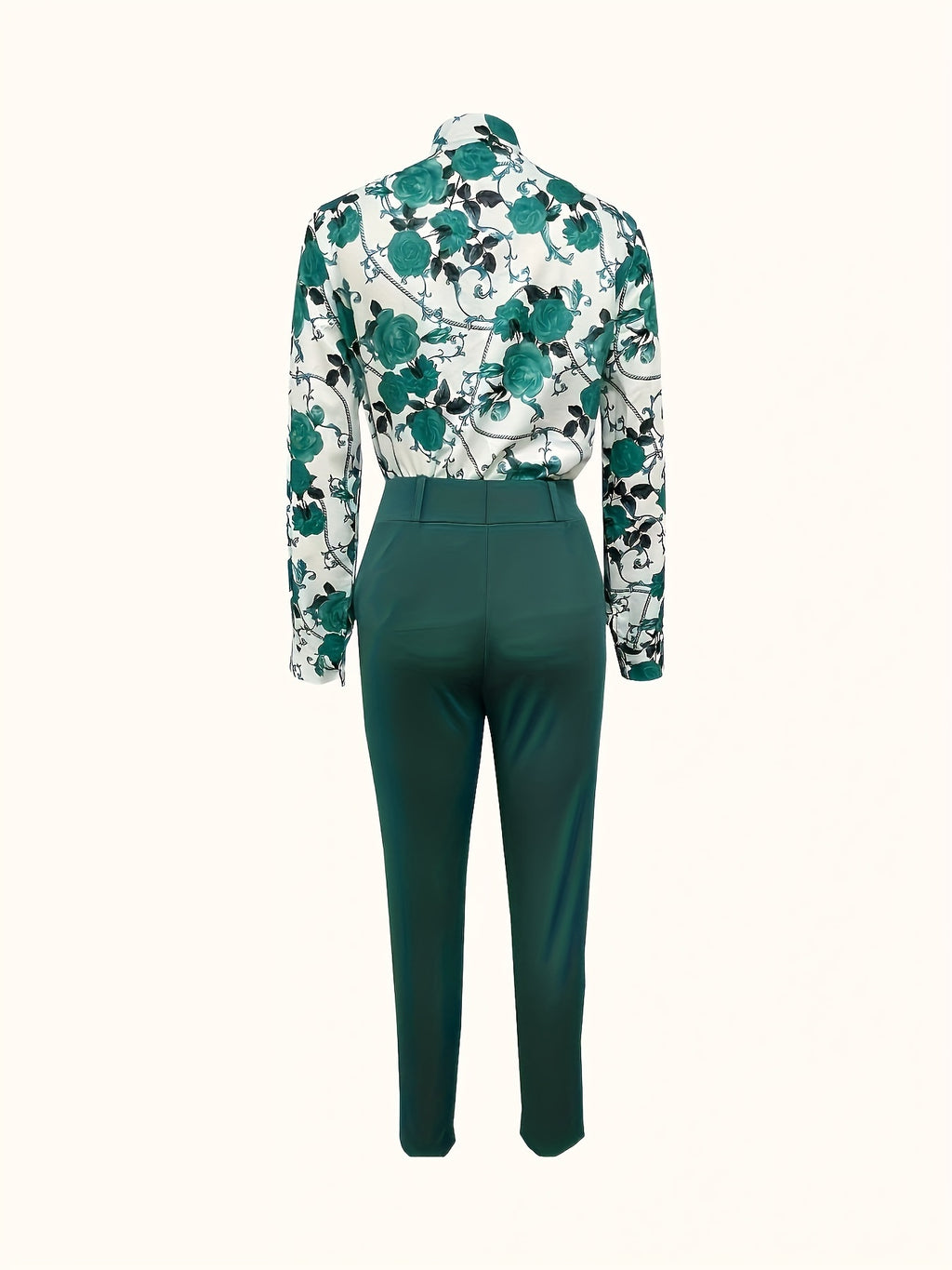 Elegant Two-piece Set, Floral Print V Neck Long Sleeve Blouse & Solid Belted Tapered Pants Outfits, Women's Clothing