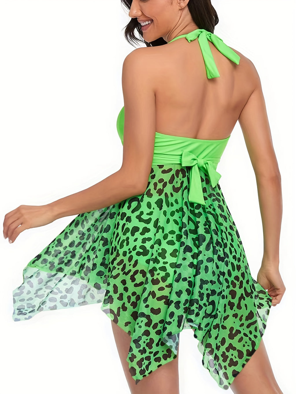 Flirty V Neck Tankini Set - Eye-Catching Allover Print with Tie Bow Detail, Backless Skirted Swimsuit - Stretchy Mesh for Beach & Pool, Womens Two-Piece Swimwear