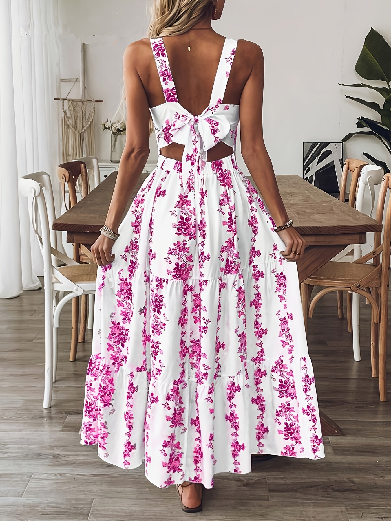 Women'S Floral Print Sleeveless A-Line Dress - Elegant Square Neck Summer Dress with Back Bow Detail, Blue & White Floral Print, Lightweight Breathable Fabric for Casual, Office & Vacation Wear, Casual Summer Dresses, Flowy F