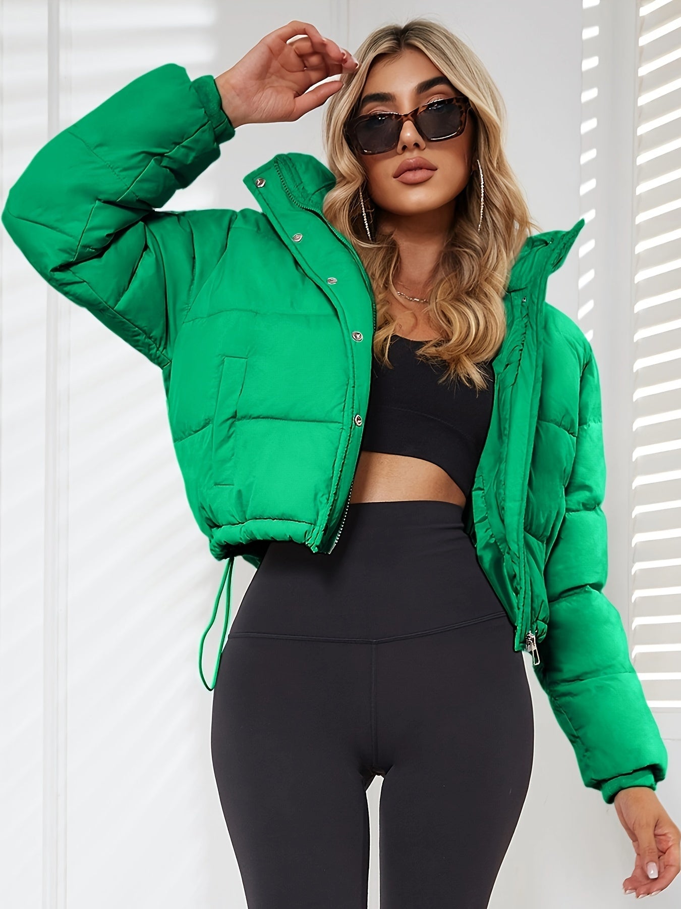 Women's Casual Short Puffer Jacket - Black Solid Hooded Design, Polyester Smooth Fabric, 70g/m² Lining, Long Sleeve with Drawstring | Winter Warmth | Comfortable Fit
