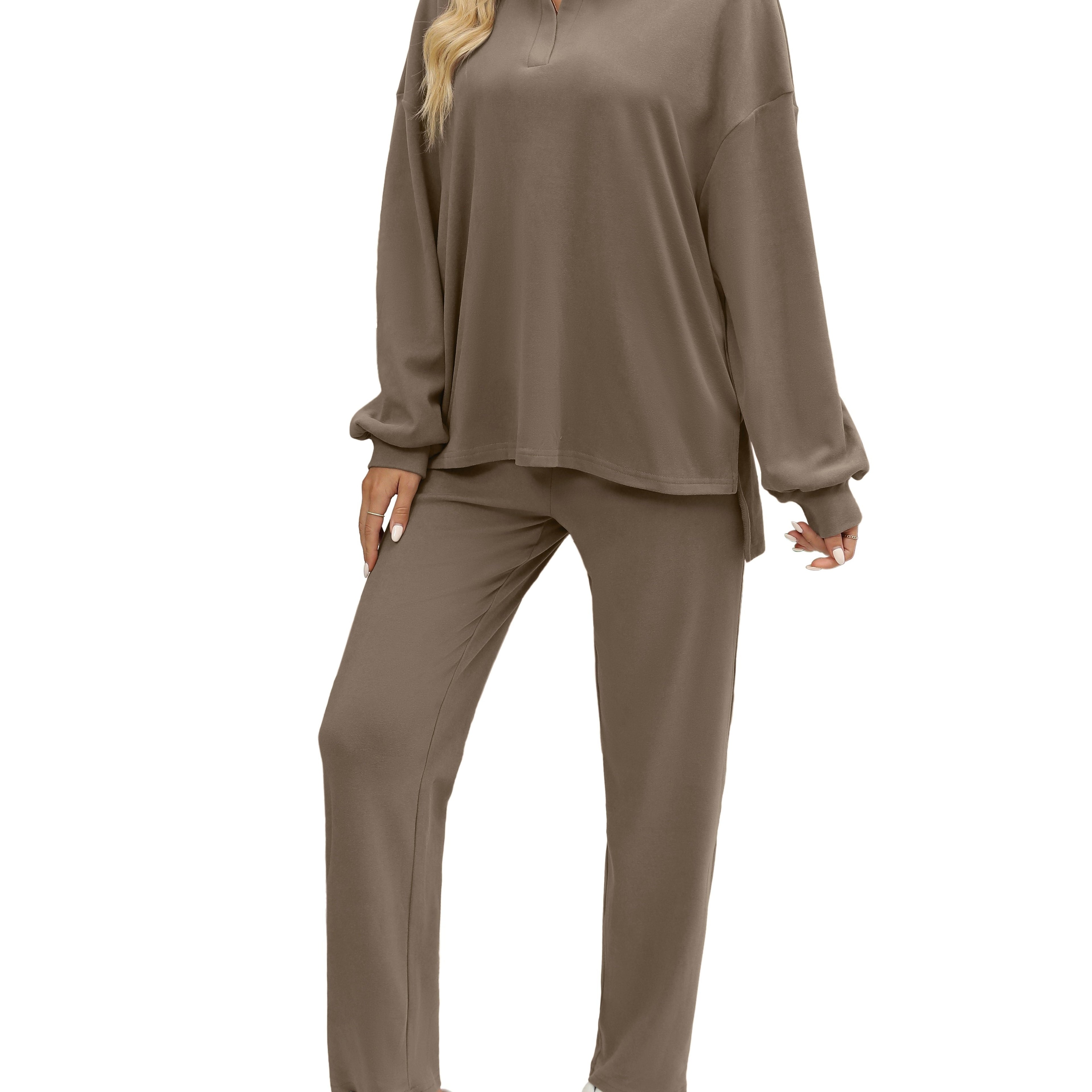 Two Pieces Outfits For Women Oversized Side Slit Sweatshirts&Comfortable Long Pants Sweatsuits