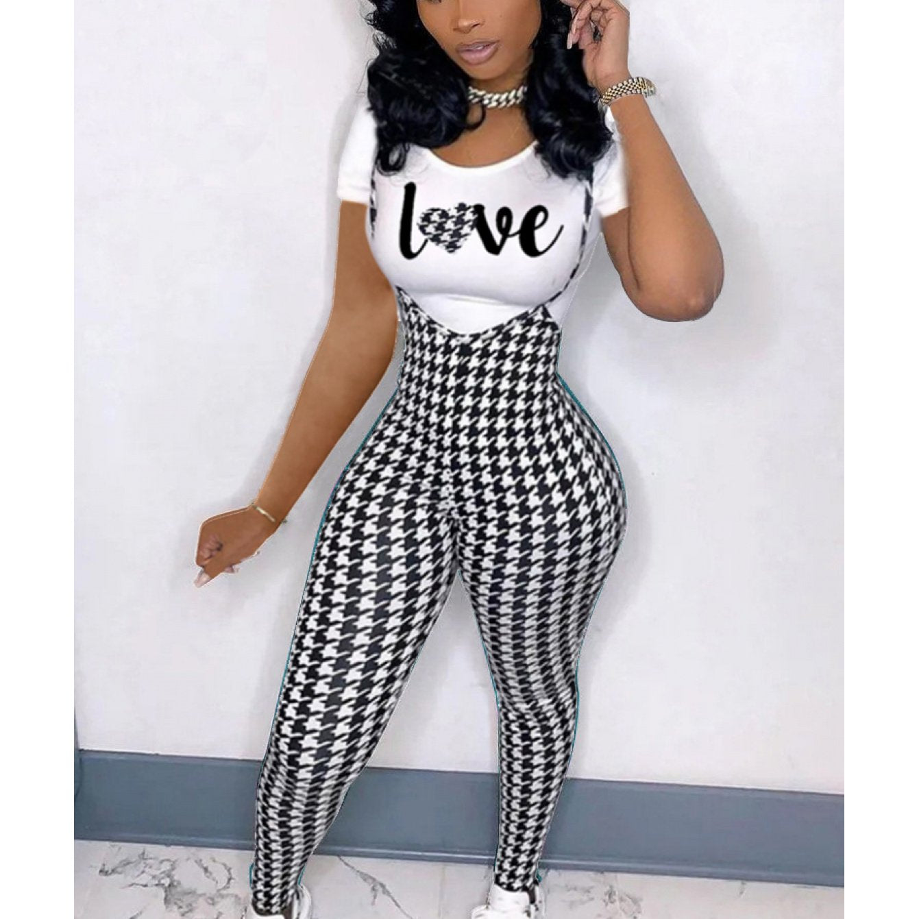 Women'S fashion pattern printed short sleeved T-shirt+camisole jumpsuit two-piece set, Jumpsuit for Women, Two Piece Outfits for Women, Casual Wear, Everyday Outfit, Trendy Fashion, Stylish Jumpsuit, Breathable Material, Ligh