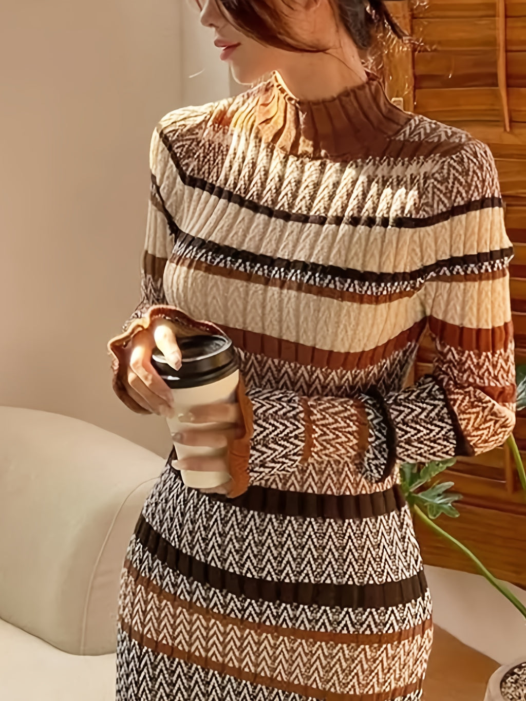 Women's Elegant High-Neck Long Sleeve Slim-Fit Dress - Soft Geometric Striped (Brown/Beige/Black/White) A-Line Winter Dress with Long Sleeves, Tailored Fall Winter Outfits for Casual to Formal Events, Hand Washable, Winter Dr