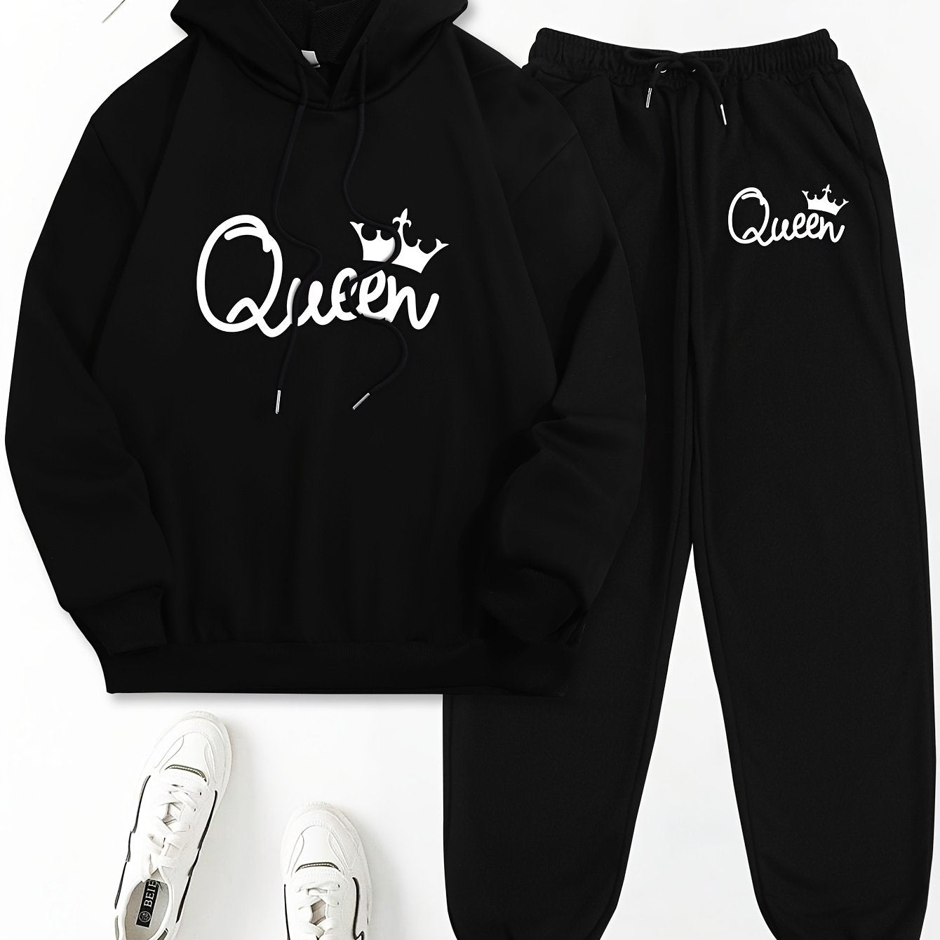 Queen Letter Print Two-Piece Set - Cozy Casual Long Sleeve Hoodie & Drawstring Sweatpants Outfits for Women - Soft Fleece Lining, Relaxed Fit, and Stylish Letter Print Design