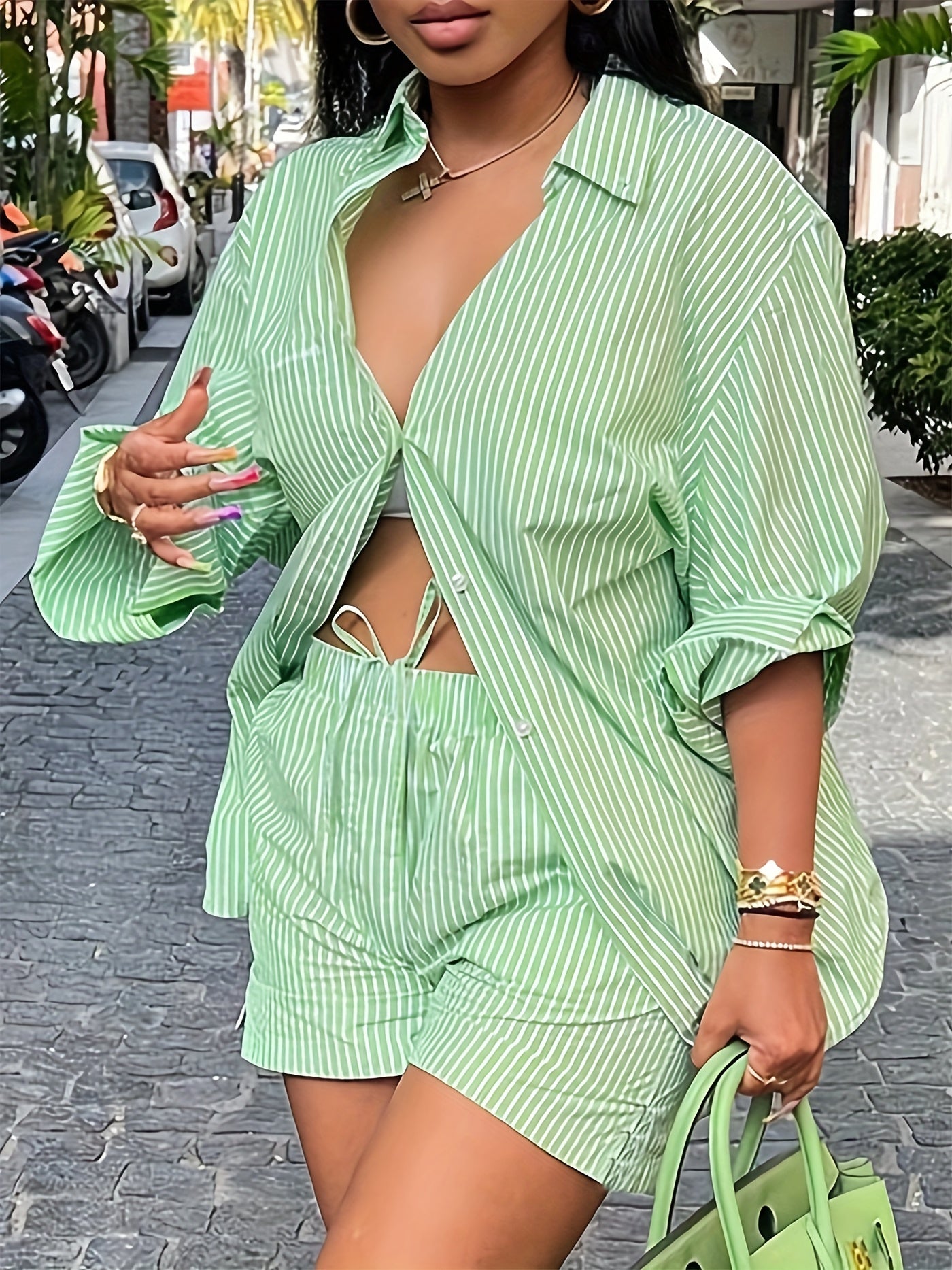 Striped Matching Two-piece Set, Casual Long Sleeve Shirt & Drawstring Shorts Outfits, Women's Clothing