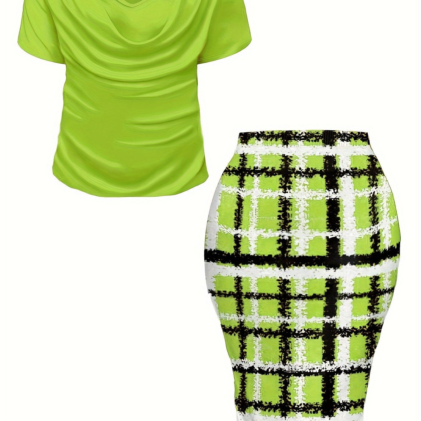 Women's Plus Size Plaid Print Two-piece Set, Cowl Neck Short Sleeve Top & Skirt Outfits -  For Women Size 14-24 - Casual & Stylish - Perfect for Fall/Winter - Great Gift for Fashionable Women