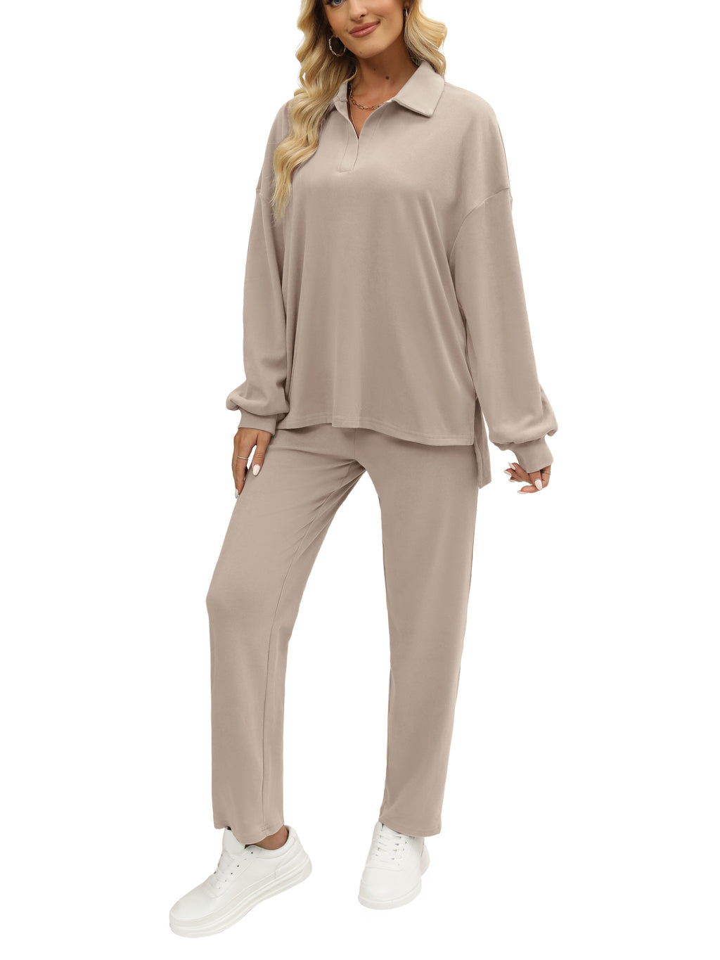 Two Pieces Outfits For Women Oversized Side Slit Sweatshirts&Comfortable Long Pants Sweatsuits