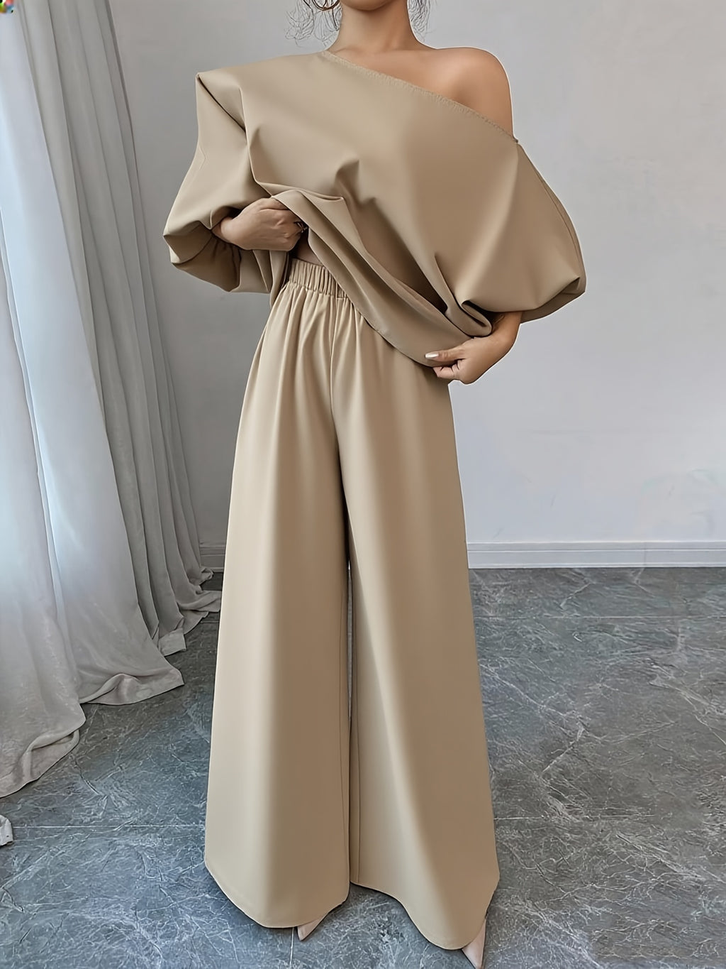 Women's Elegant Navy Blue Elegant Two-Piece Set - Structured One-Shoulder Bubble Sleeve Top & High-Waisted Wide-Leg Pants, Solid Color Winter Outfit with Puffed Sleeves, Machine Washable Formal & Everyday Winter Attire for Fa