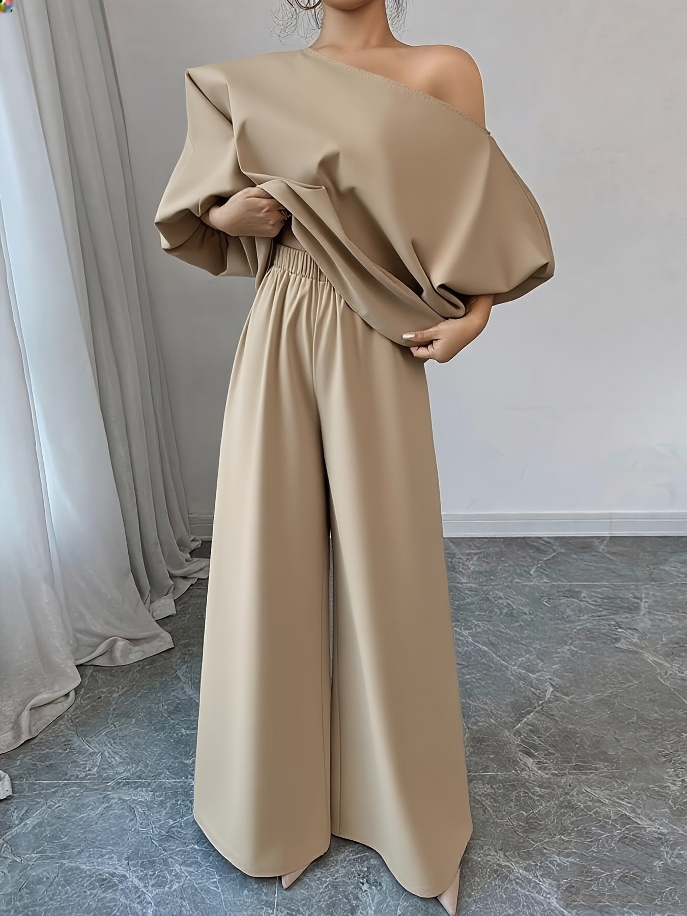 Women's Elegant Navy Blue Elegant Two-Piece Set - Structured One-Shoulder Bubble Sleeve Top & High-Waisted Wide-Leg Pants, Solid Color Winter Outfit with Puffed Sleeves, Machine Washable Formal & Everyday Winter Attire for Fa