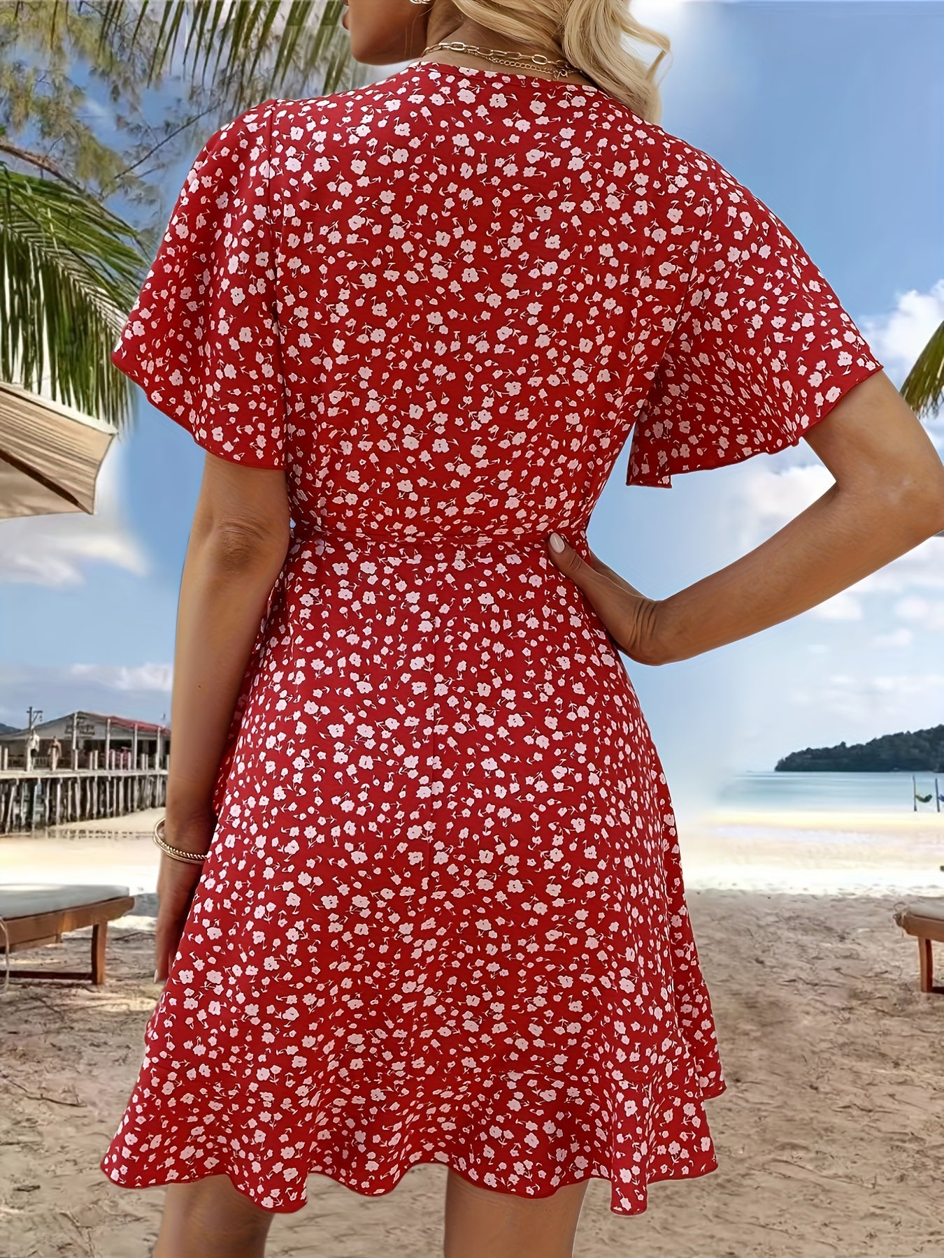 Stunning Floral V-Neck Ruffle Hem Dress - Women's Elegant Short Sleeve Cinched Waist Dresses for Spring & Summer - Perfect for Outdoor Activities, Casual Wear, and Date Nights