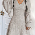 Plus Size, Plus Size Women's Elegant Cable- Dress - V-Neck A-Line Midi Length with Puff Sleeve & Voluminous Hem, Voluminous Dress for Curvy (200+ lbs) - Wedding Guest, Party, Casual Attire - All-Season White Sweater Dress, Dr