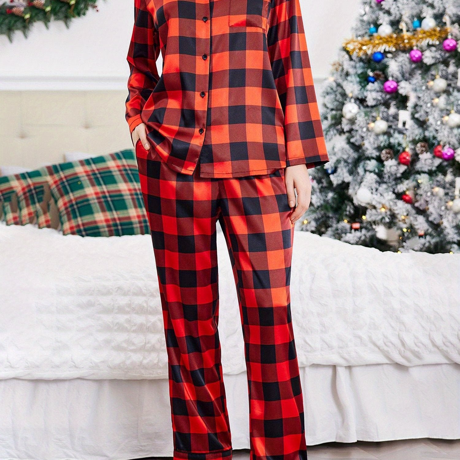 Couples Matching Pajamas Long Sleeve Sleepwear Satin Soft Button Down Loungewear Pjs Set perfect for pajama parties christmas pajamas Anniversary gift winter outfits for women 2 piece set