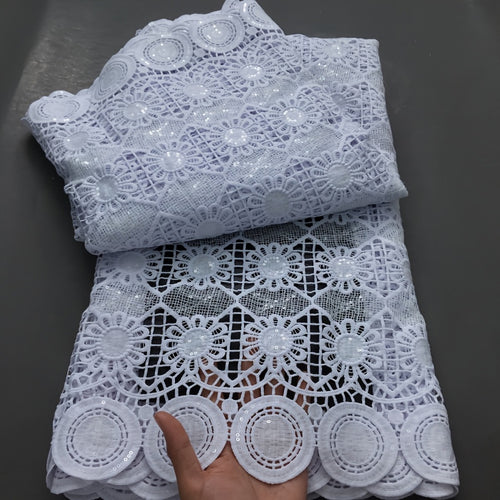 1pc 5 Yards White Guipure Cord Lace Fabric with Sequins - 100% Polyester French Water Soluble Lace, Floral Pattern Precut Fabric for Elegant Women's Dresses, Hand Wash Only, Wedding Attire | Sophisticated Style | Texture