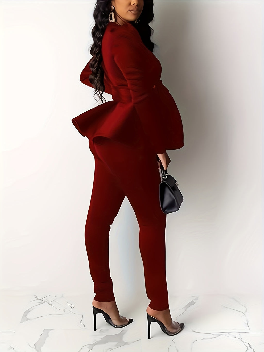 2 Piece Outfits For Women Blazer With Pants Deep V Long Sleeve Slim Fit Ruffle Pelplum Business Suit (Size Down)