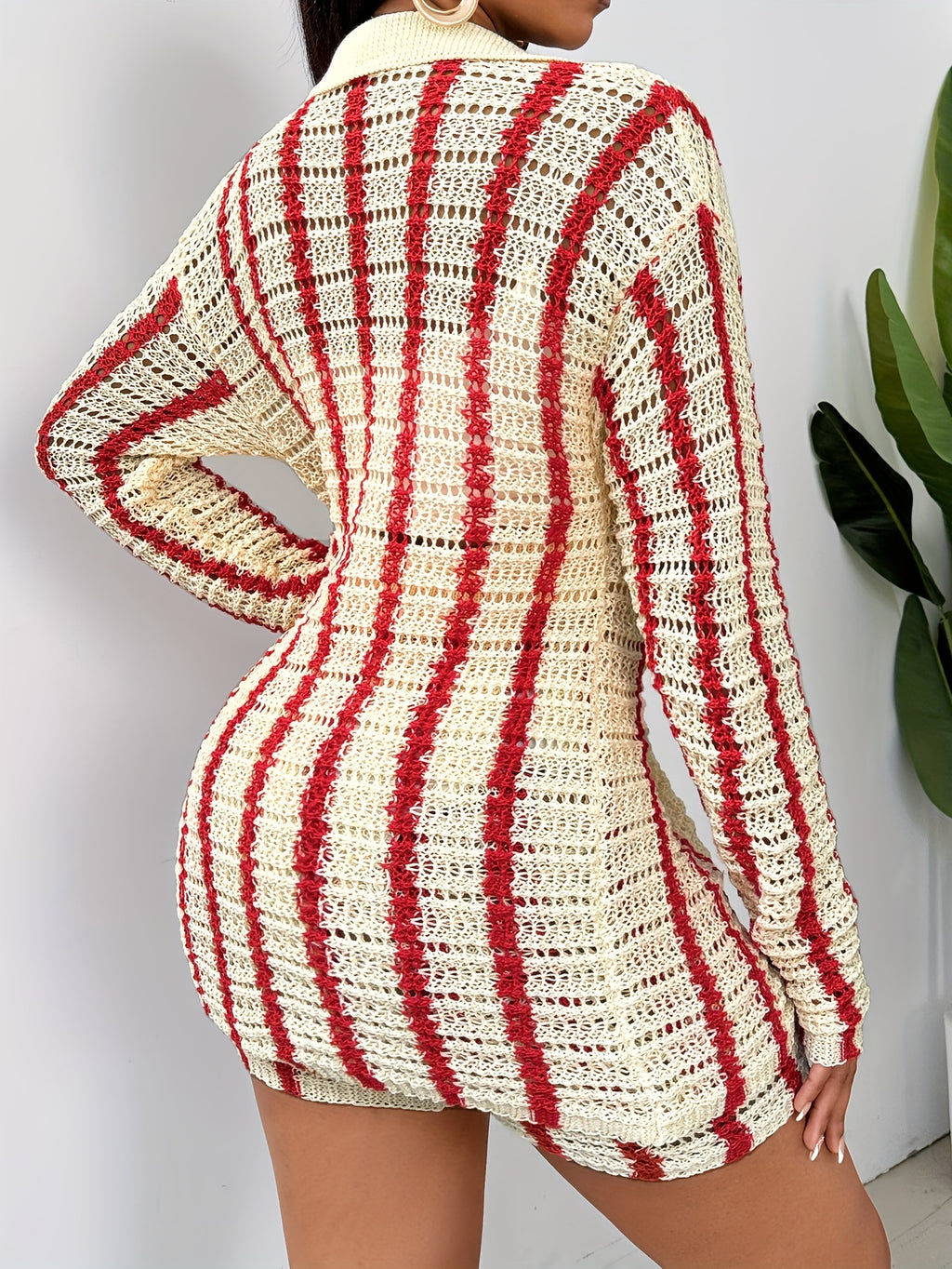 Two-Piece Color Block Knitted Pantsuit - Women's High Waist Shorts Outfits with Button Front Long Sleeve Top and Comfortable Fit
